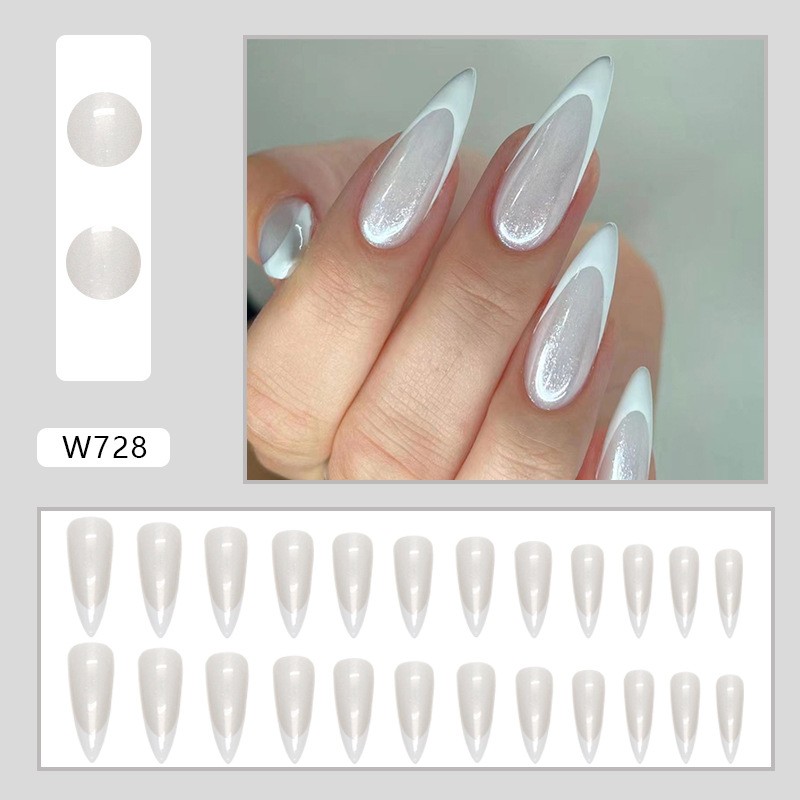 48Pcs-Long Almond Milky White Cat Eye Glitter Hollow French Tip Press on Nails