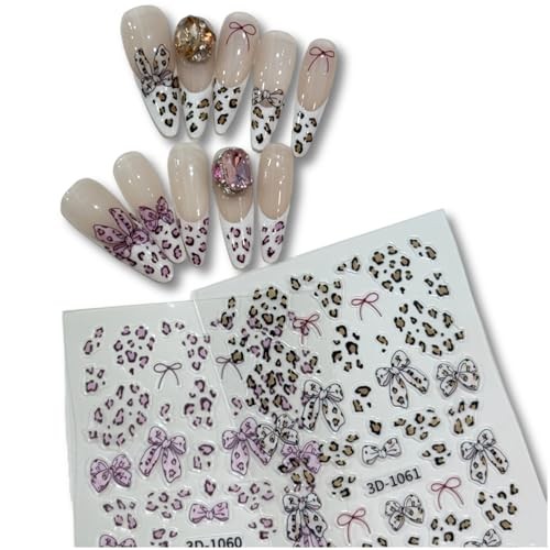 Leopard Print Bow Nail Stickers Self-Adhesive, 2 Sheets Mini 4 Leopard Print