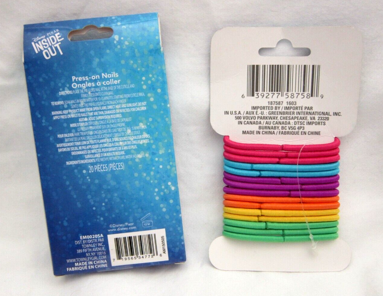 Girls Disney Inside Out Character Press On Stick On Nails 12 Count&Hair Ties-New