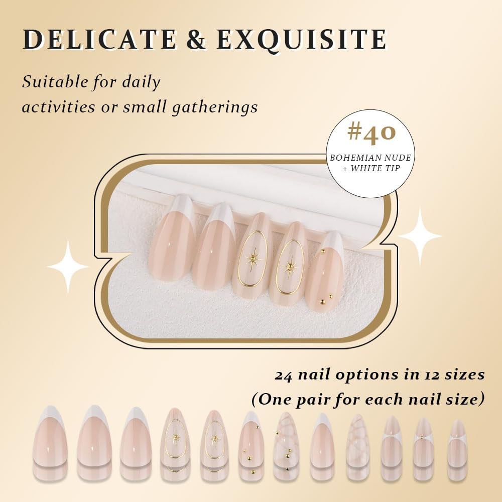 evpct Bohemian Nude White Tip Medium Almond Press On Nails