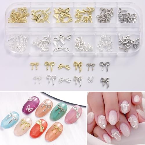 80Pcs 3D Metal Bow Nail Charms, 3D Bowknot for Nails, Cute Silver & Gold Alloy