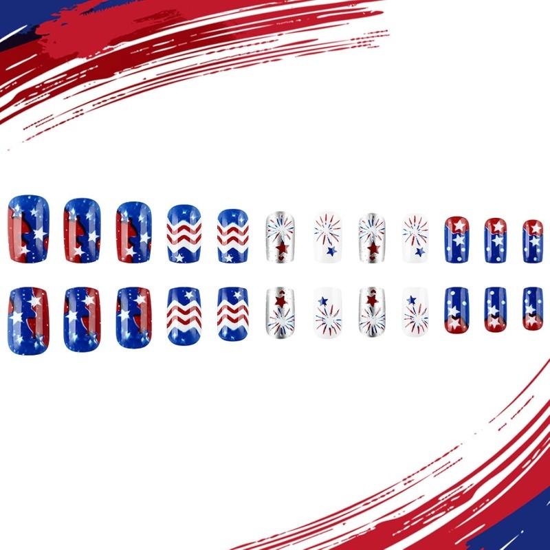 48pcs-USA Themed Press on Nails with Fireworks, Chevron and Stars, Glossy Square