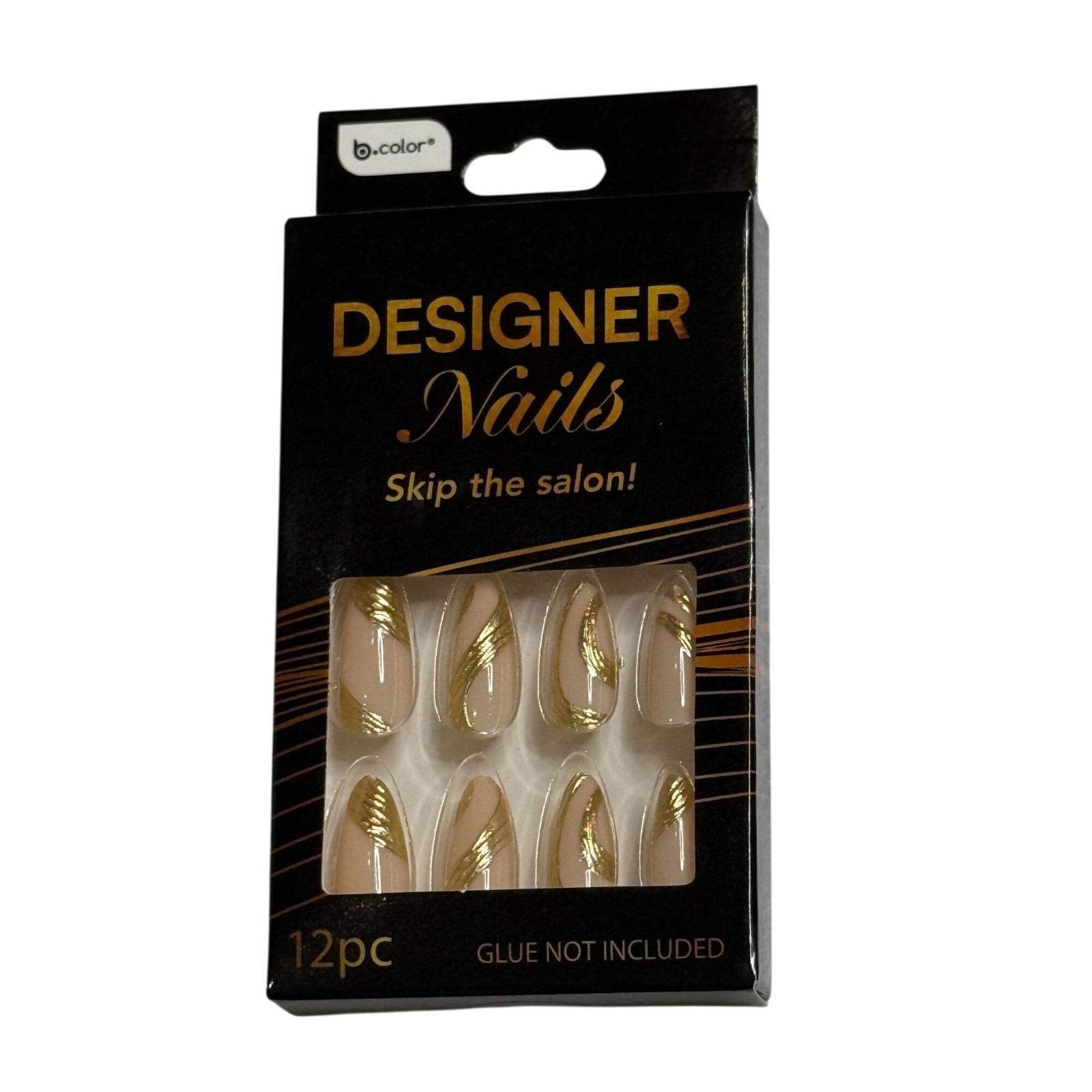 bColor Gold Nude Press On Nails 12pc Abstract Design Almond Glue Not Included