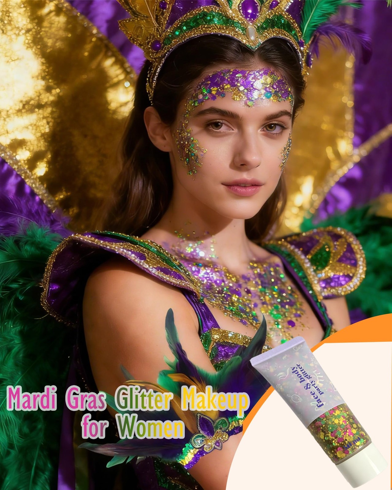 Mardi Gras Face Body Glitter Gel for Women – Gold Green Purple Mixed Chunky H…