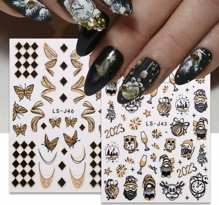 Glitter 3D Gold Black 2023 New Year Clock Time Cat French Nail Art Stickers NH21