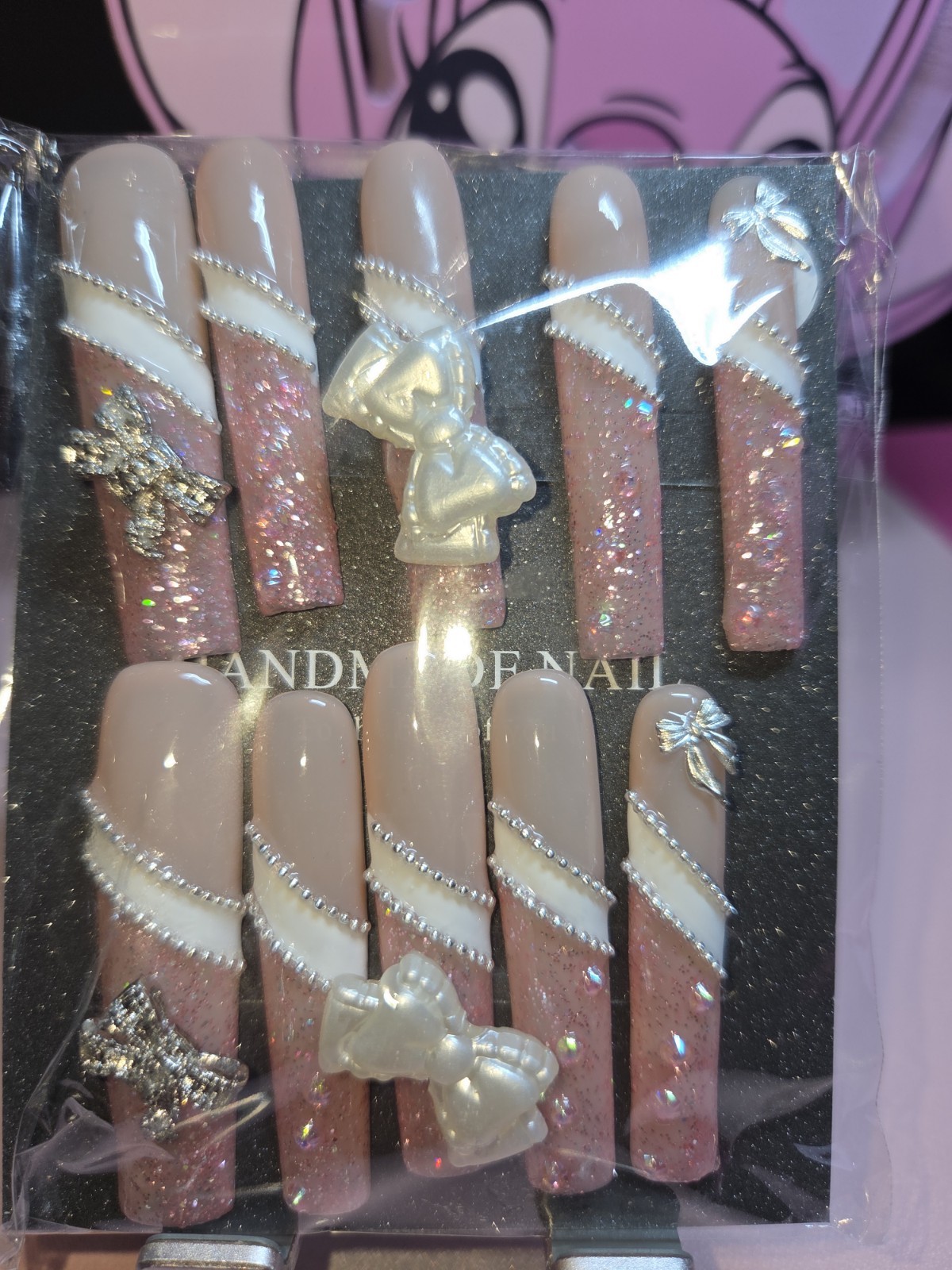 Press-On Nails Handmade Large 3x Pink glitter french tip bow Y2k