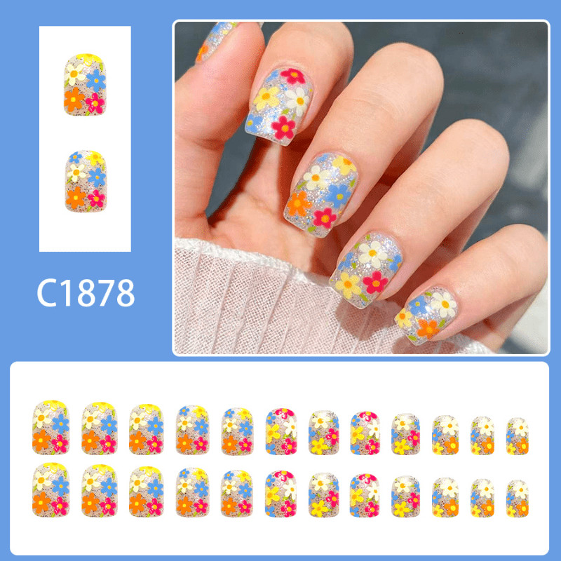 48Pcs-Short Square Silver Glitter Base Colorful Mini Daisy Floral Press on Nails