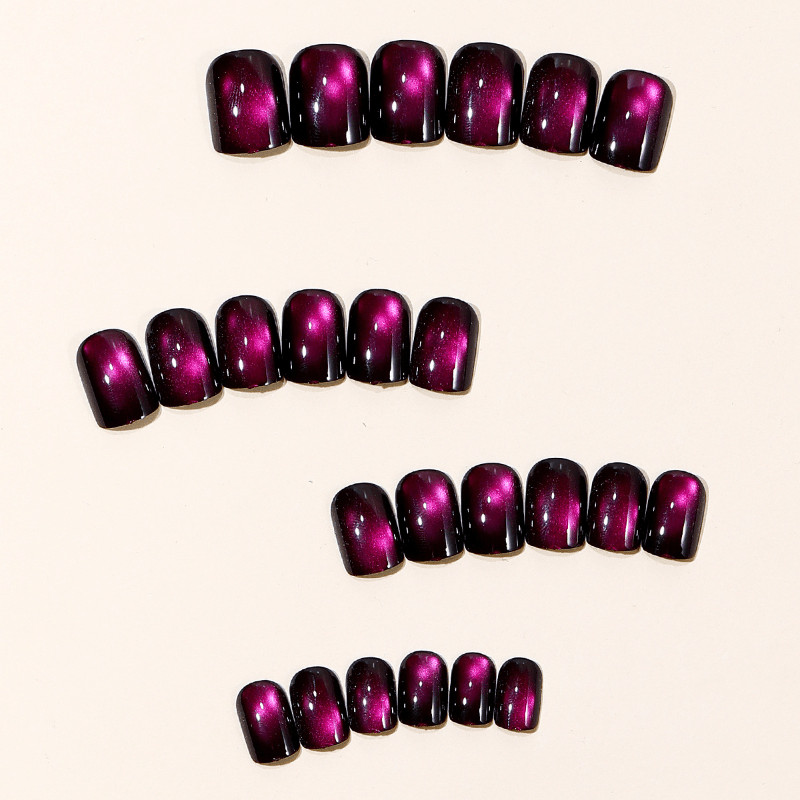 48 Pcs Burgundy Cat Eye Short Square Press on Nails, Vintage Dark Fake Nails