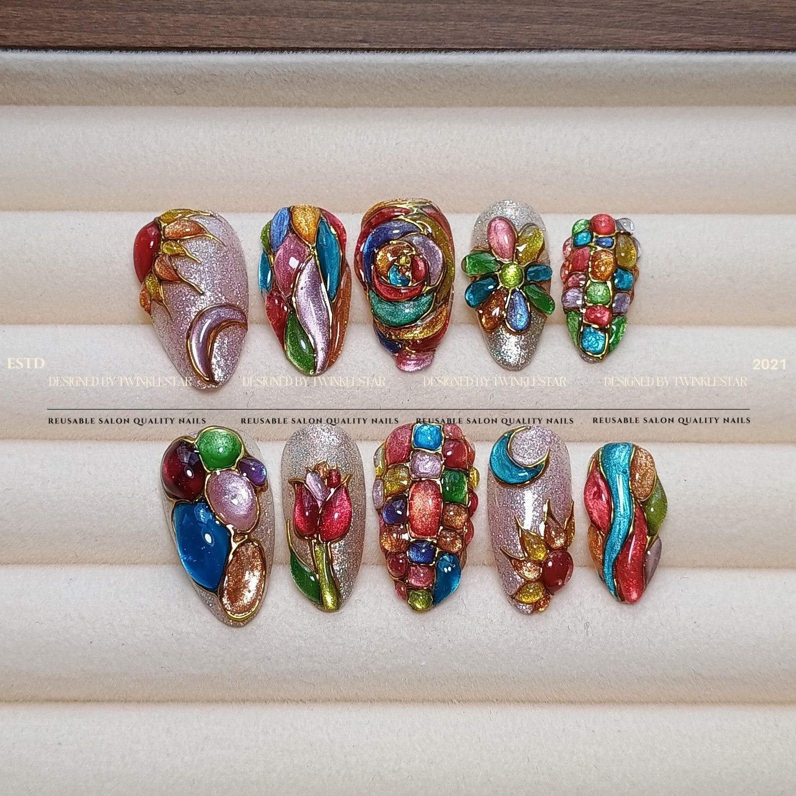 Handmade Stained Glass Colorful Gem Tulip Moon Gold Wire Almond Press on Nails