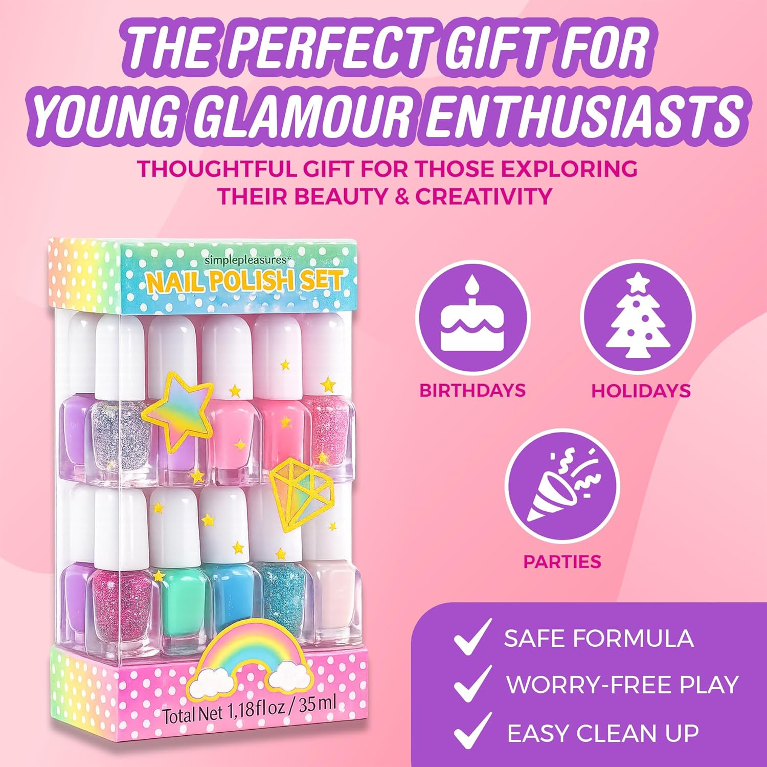 Unicorn Glitter Kids Nail Polish Set for Girls – 14 Water-Based Non -Toxic Nail