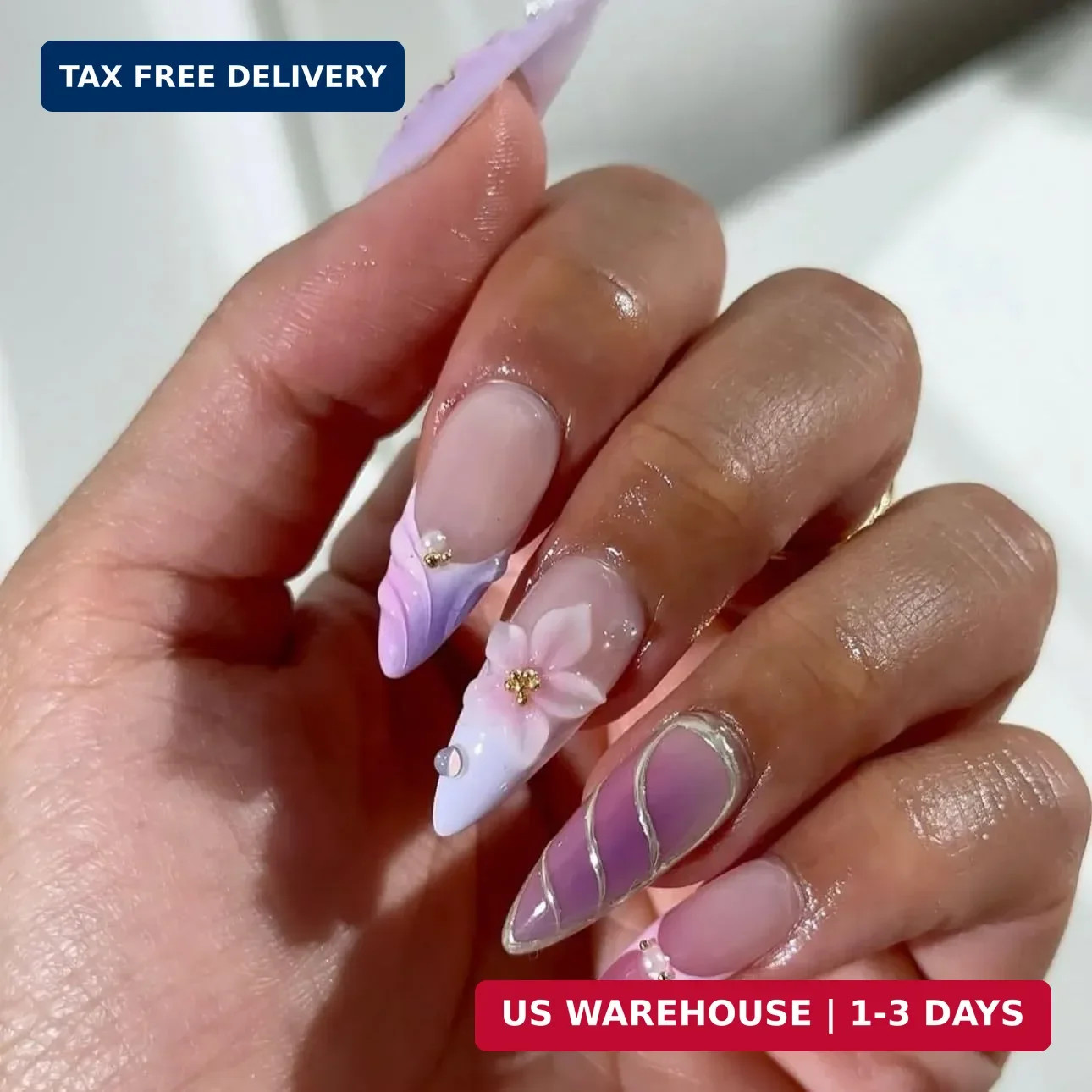 LPOODDNU Purple Pink Press on Nails Almond – Medium 3D Embossed Flower Fake Nail