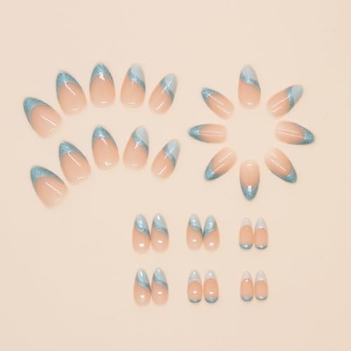 Light Blue French Tip Press on Nails – Medium Almond – QUNQINLI Fake Design AB2