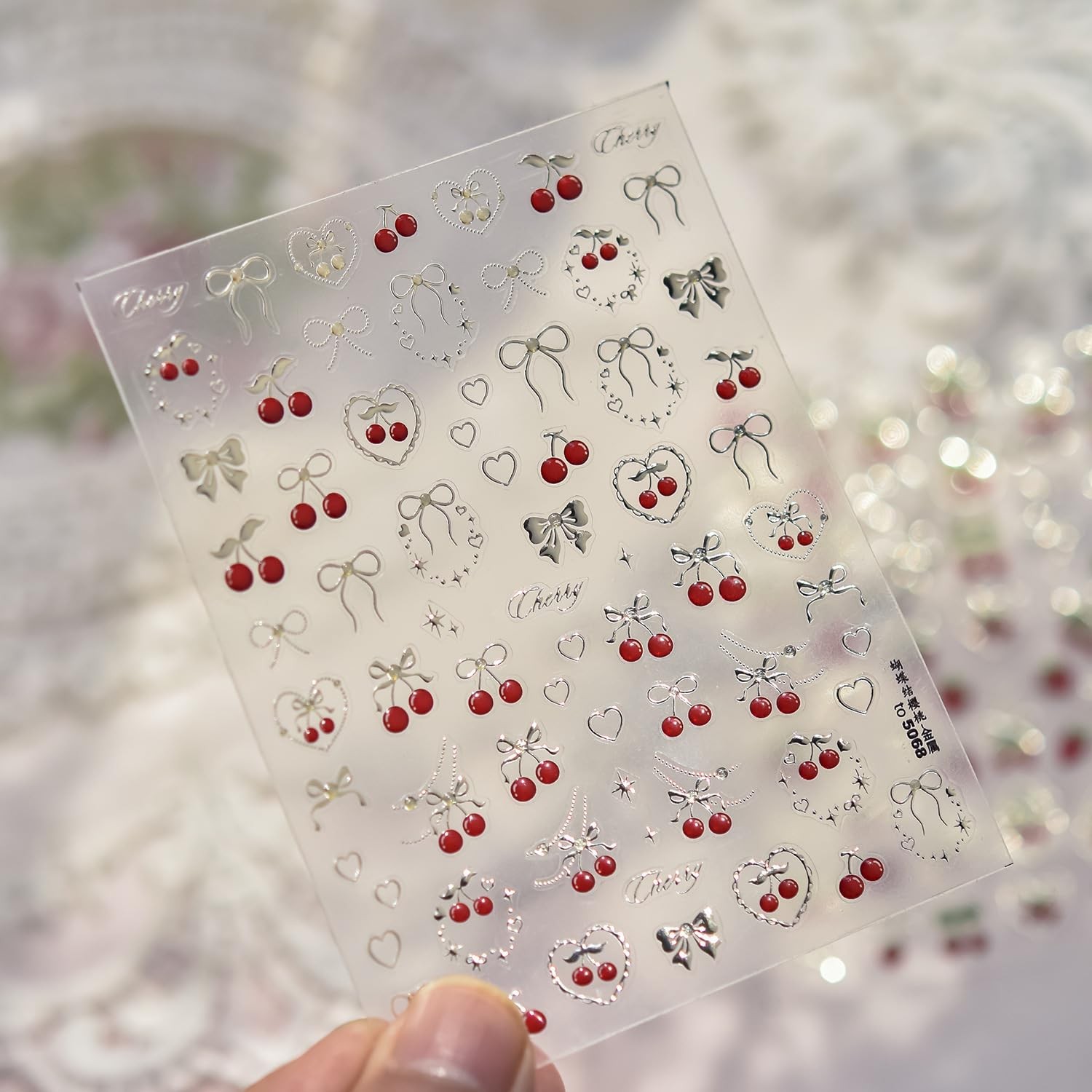 Cherry Nail Art Stickers Summer Cherry Nail Stickers 5D Embossed Gold Cherries B