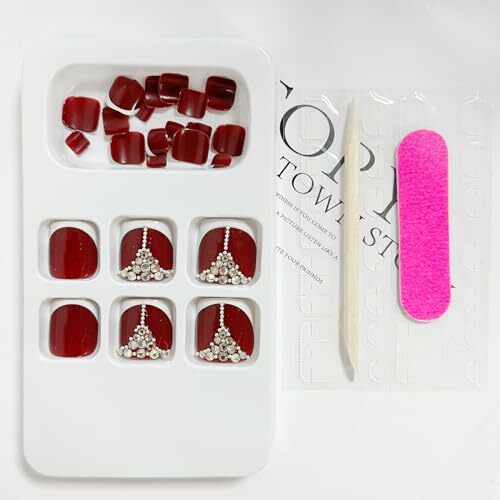 Red Press on Toenails French Tip Fake Toenail Rhinestone False Nail Style-18