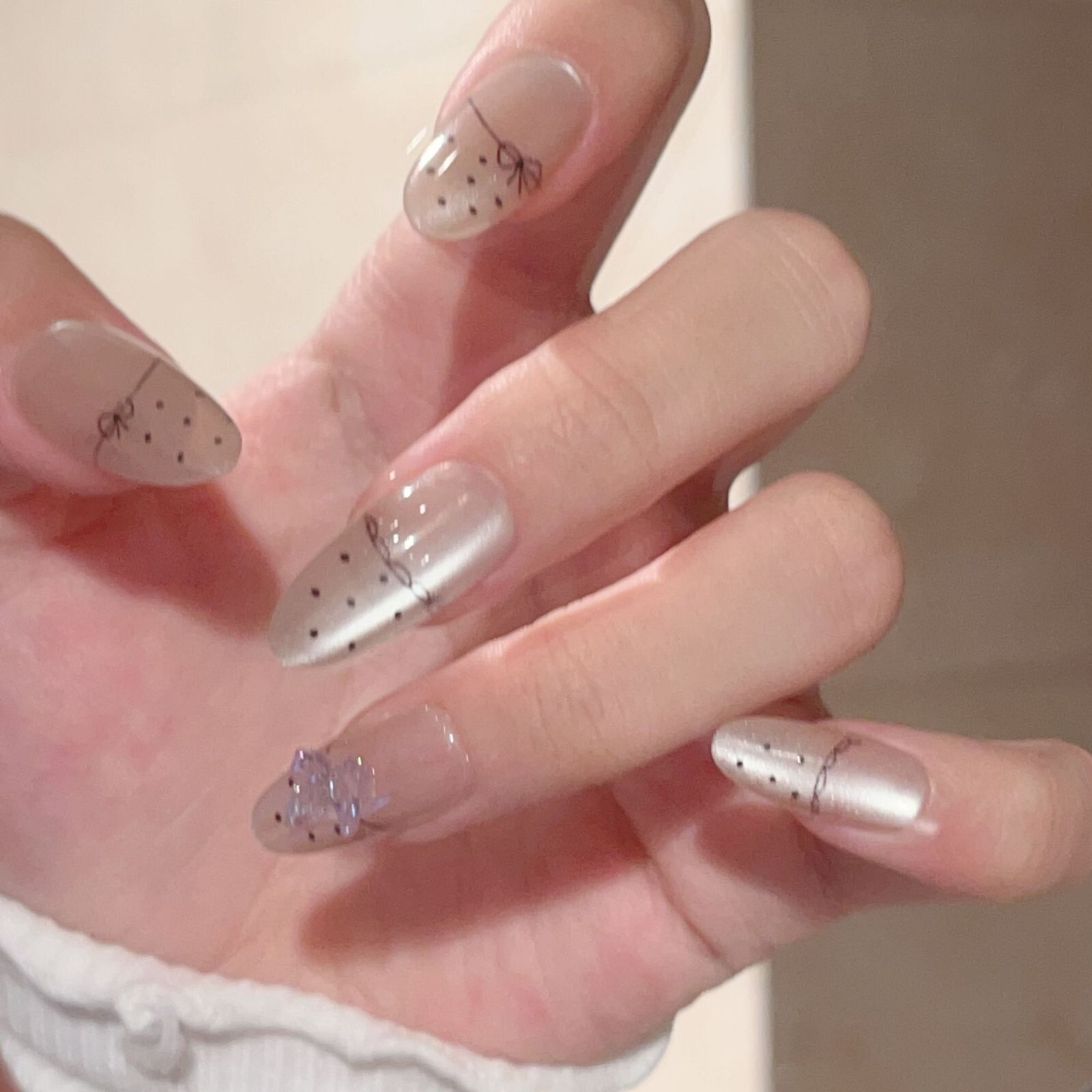 Cute Bow and Polka Dot Lace Long Almond Glossy Finish Reusable press on nails
