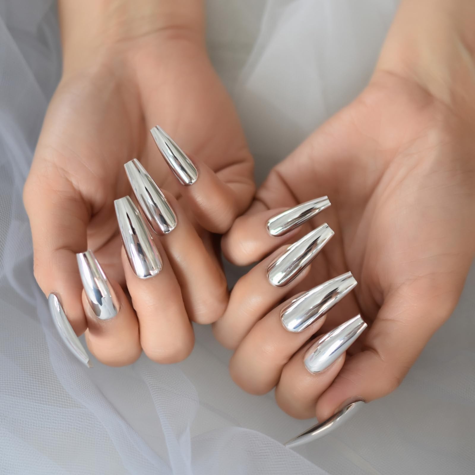 Super Long Shiny Punk Style Silver Coffin Ballerina Press on False Nails Meta…
