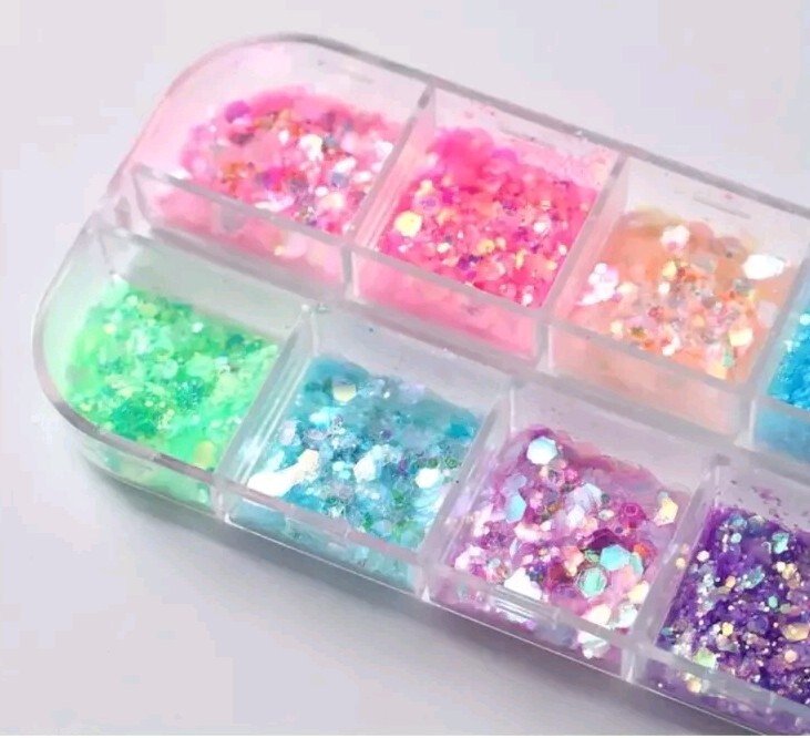 FULL BEAUTY 12 Grids Hexagonal Nail Glitter Flakes, Hypoallergenic Sparkly