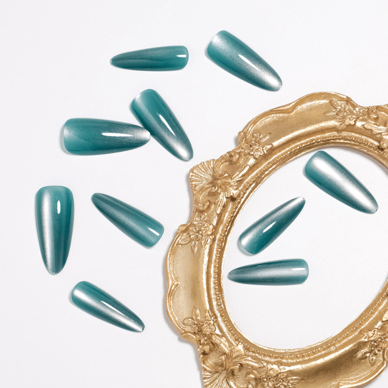 60Pcs Teal Chrome Press on Nails, Long Stiletto Mirror Glossy Fake Nails