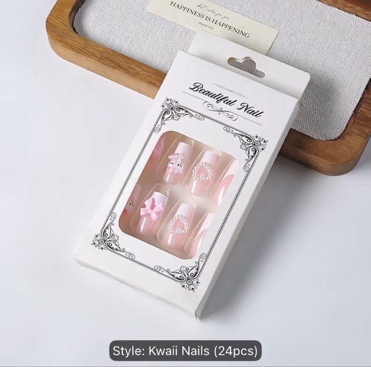 24pcs Pink White French Tip Press on Nails- Sanrio Hello Kitty,heart, Pearls