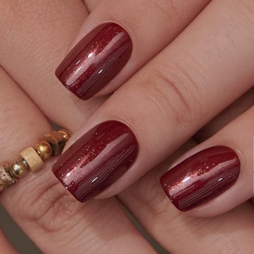 Short Square Burgundy Press-On Nails – Acrylic Full Cover, Reusable Nail Kit wit