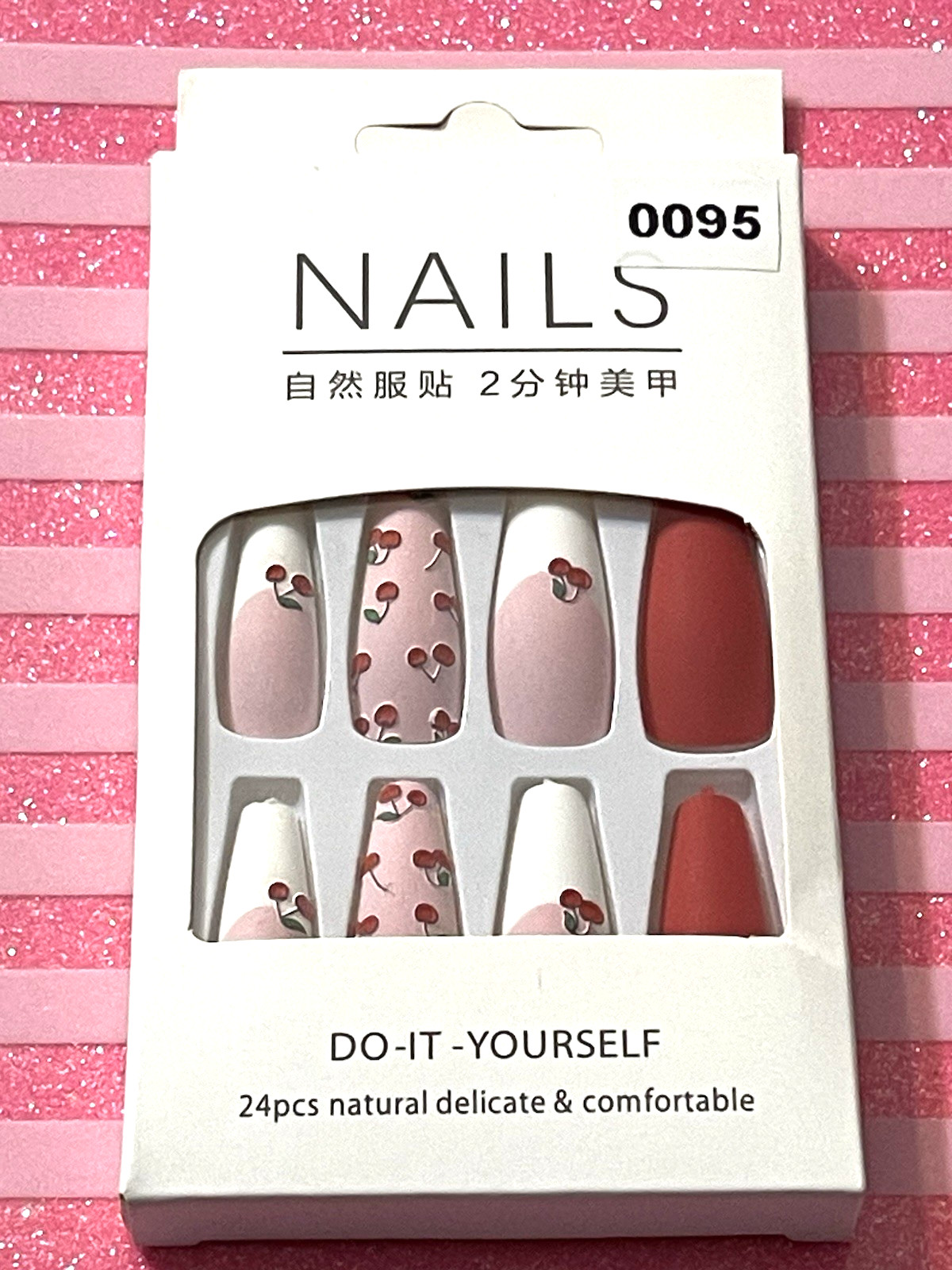 Nails Do It Yourself NUDE with WHITE FRENCH and CHERRY DETAILS Press On Manicure