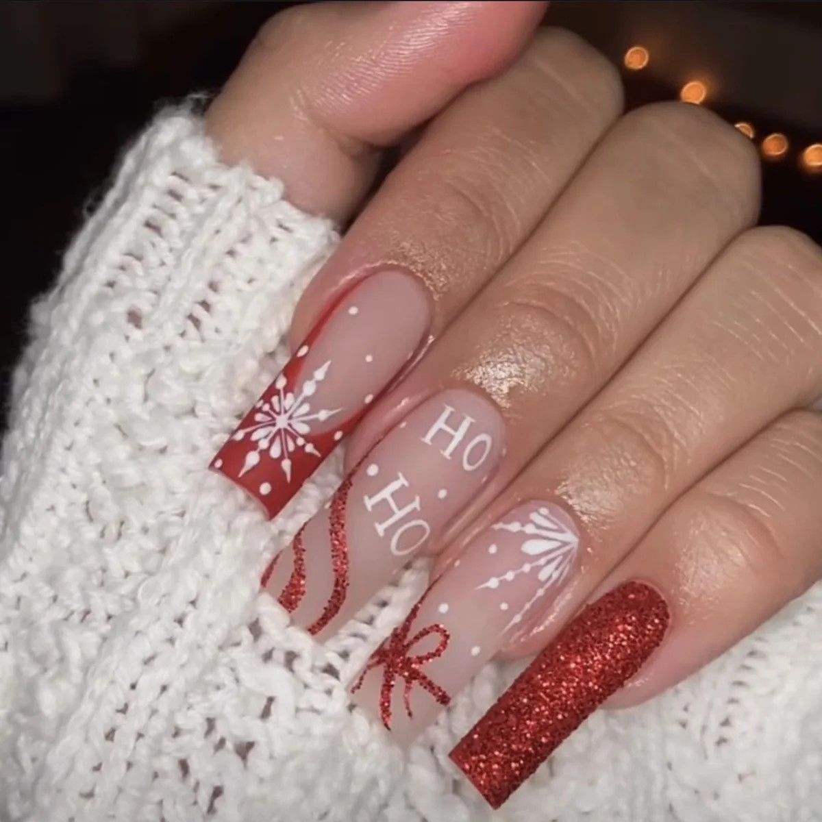 24Pcs Christmas Red Bow Snowflake Coffin Ballet Press On Nails