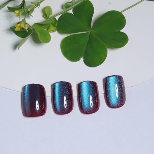 Teal Blue Cat Eye Press On Nails – Square Fake Nails with M11 Galaxy Blue