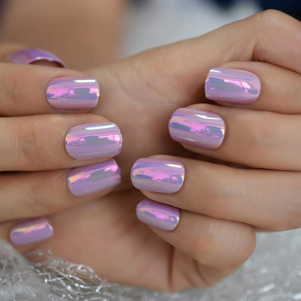 Luxury Holographic Short Square Nails in Pink Purple – 24 Count Gel Tips