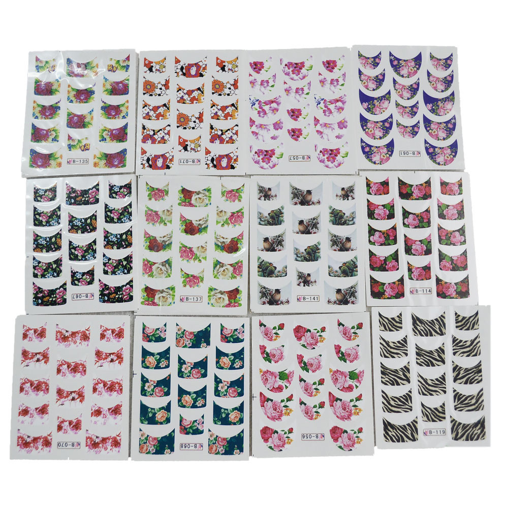 44 Designs Water Transfer French Tip Nail Stickers Flower Butterfly Bird Feather