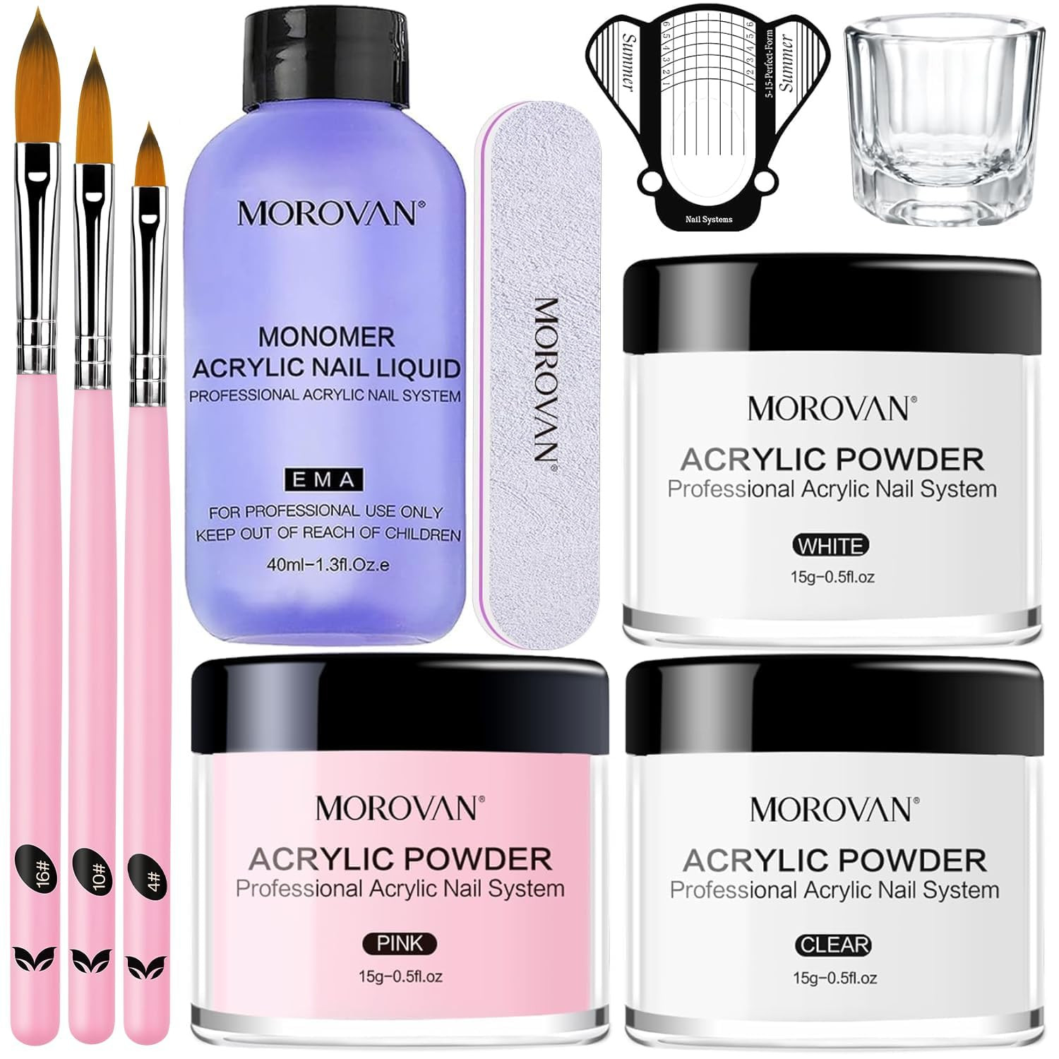 Acrylic Nail Kit: Clear Pink White Acrylic Powder and Professional Liquid Set fo