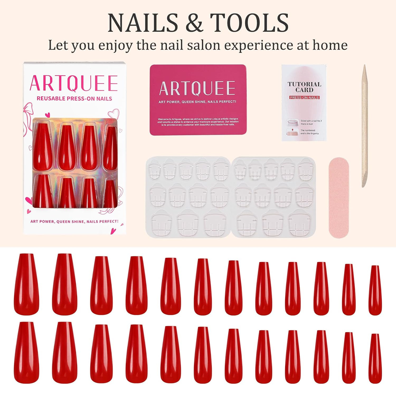 24pcs Red Coffin Press On Nails Long Glossy Fake Nails Manicure Set Acrylic Tips