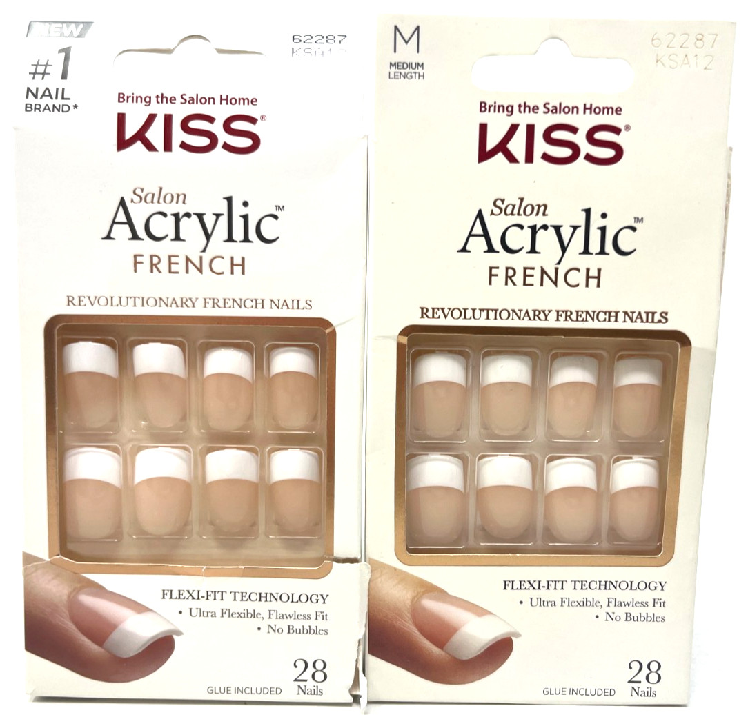 (2) Kiss Salon Acrylic French Nails New In Packaging 28 Nails 62287 KSA12