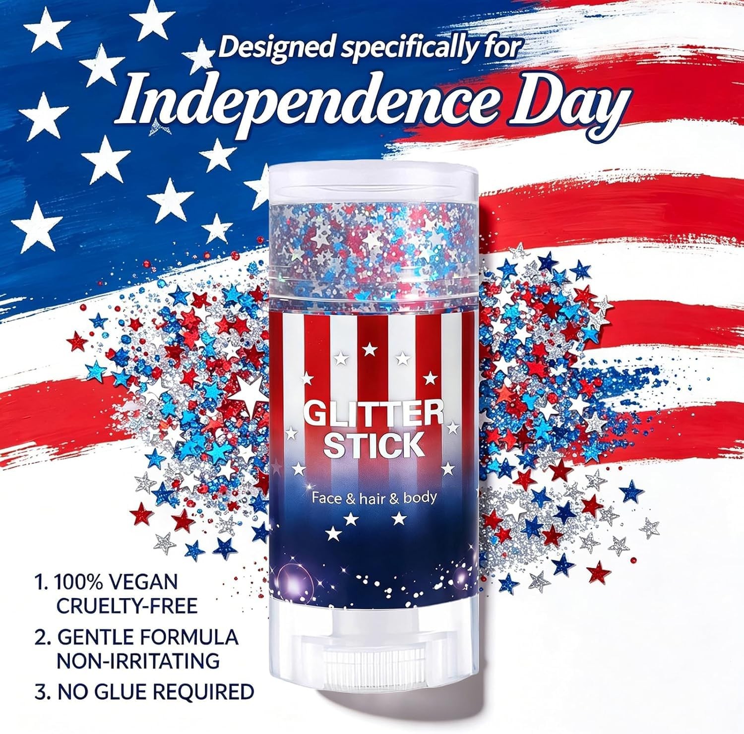 4th of July Glitter Stick, Patriotic Face Body Glitter Stick with Star