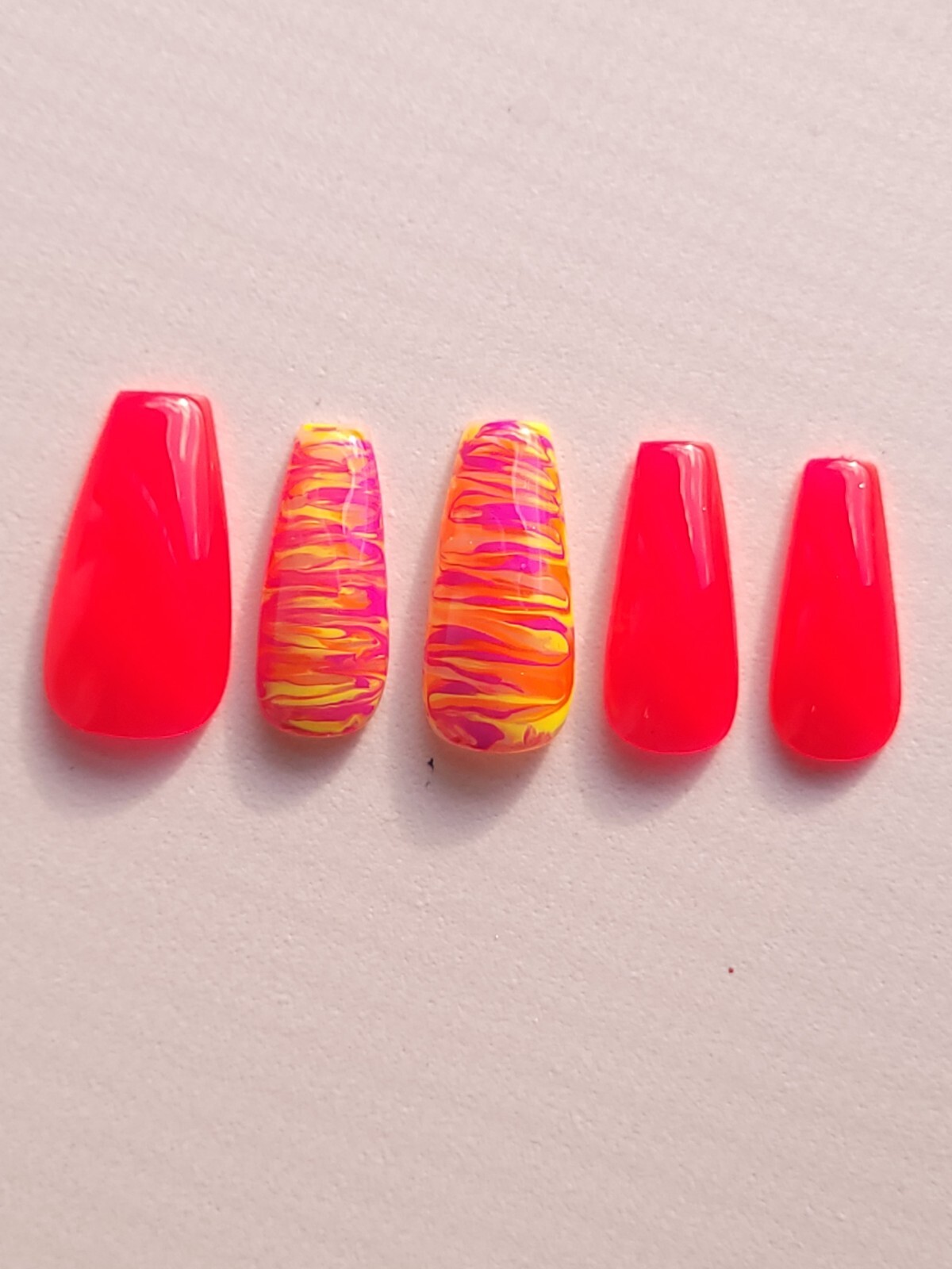 Custom Gel Press on Nails fake nails Handmade 10 pc set LARGE Neon Orange Pink