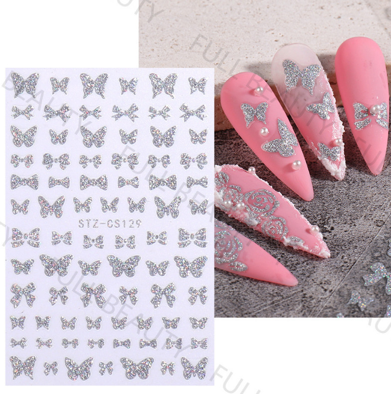 Silver Glitter 3D Nail Stickers Heart Star Butterfly Bear Transfer Decals NS32