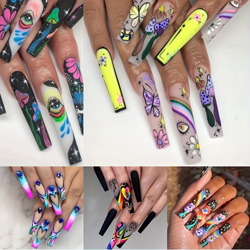 120pcs Bold Colorful Cartoon Press On Nails Eye Rainbow Long Coffin Fake Nails