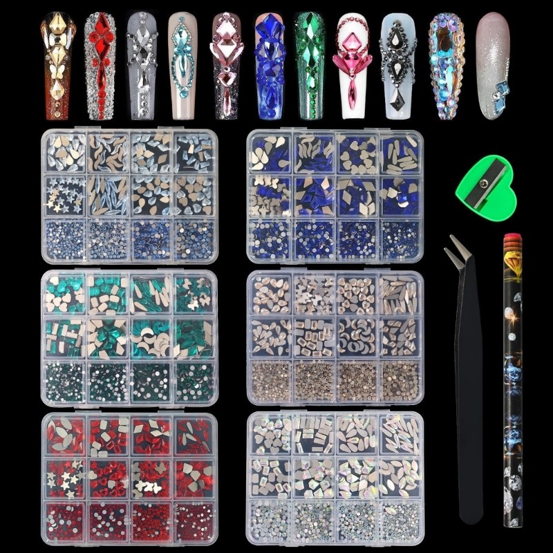 Irregular Shaped Flat Back Nail Rhinestones 12Grid Resin Gems For Salon DIY