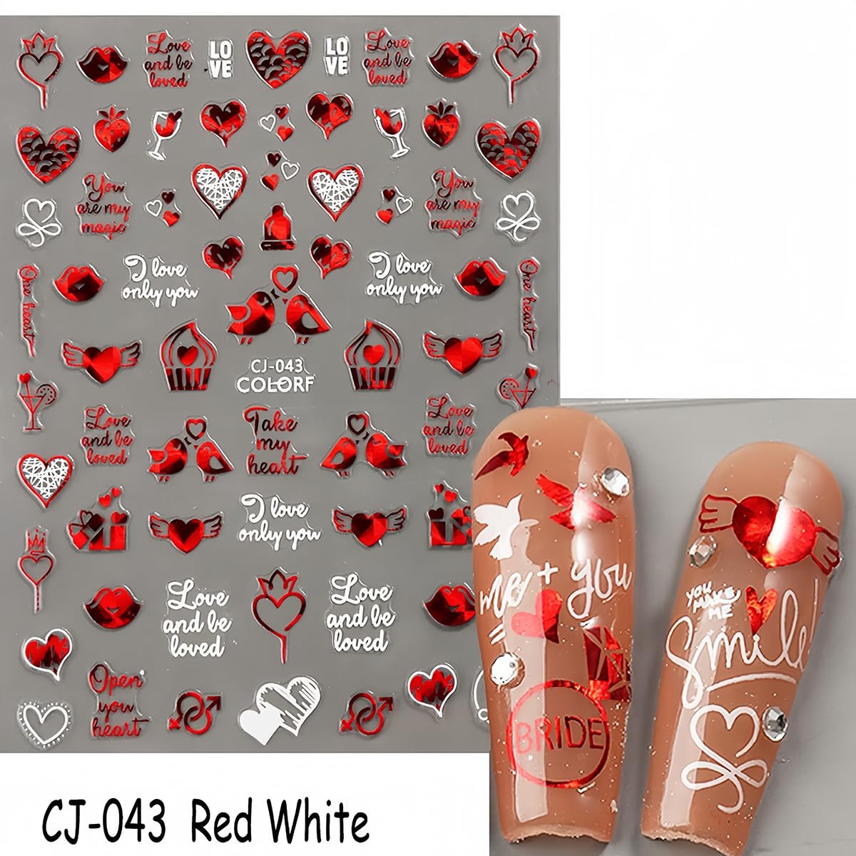 Valentine’s Day Nail Art Stickers for Women Girls Red Heart-Shaped 3D Style2