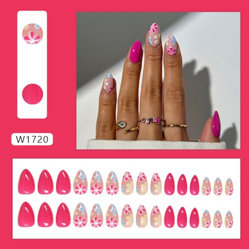 Flower MIXFOSAHN Press on Nails Short Almond Fake Nails Pink Flower Style10