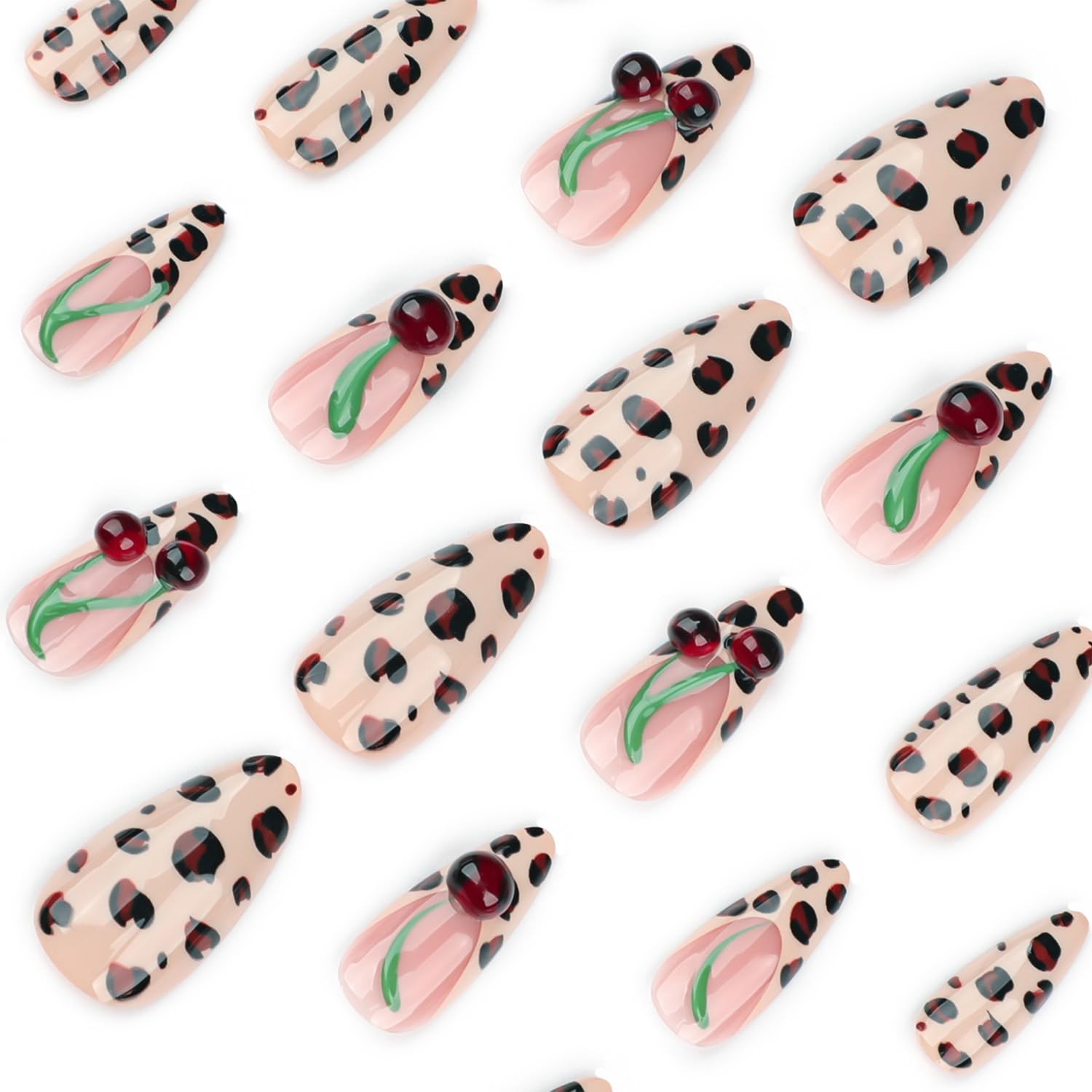 LWTZLW Leopard French Tip Press on Nails 3D Cherry Medium Almond False Nails …