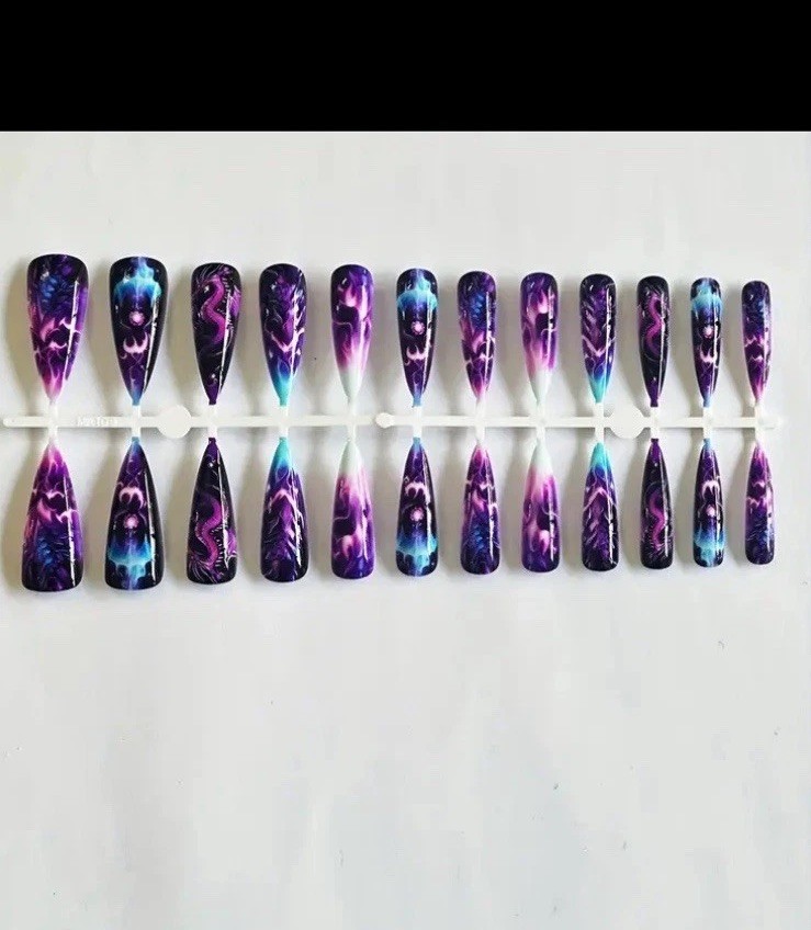24 Pc DRAGON Purple Blue Xtra Long Stiletto Press On Nails Glue And Tabs Incl