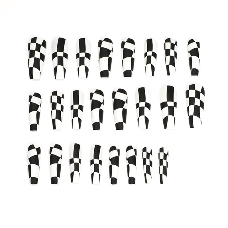 24Pcs Coffin Press on Nails Long White Fake Nails with Nail Glue Glossy Black