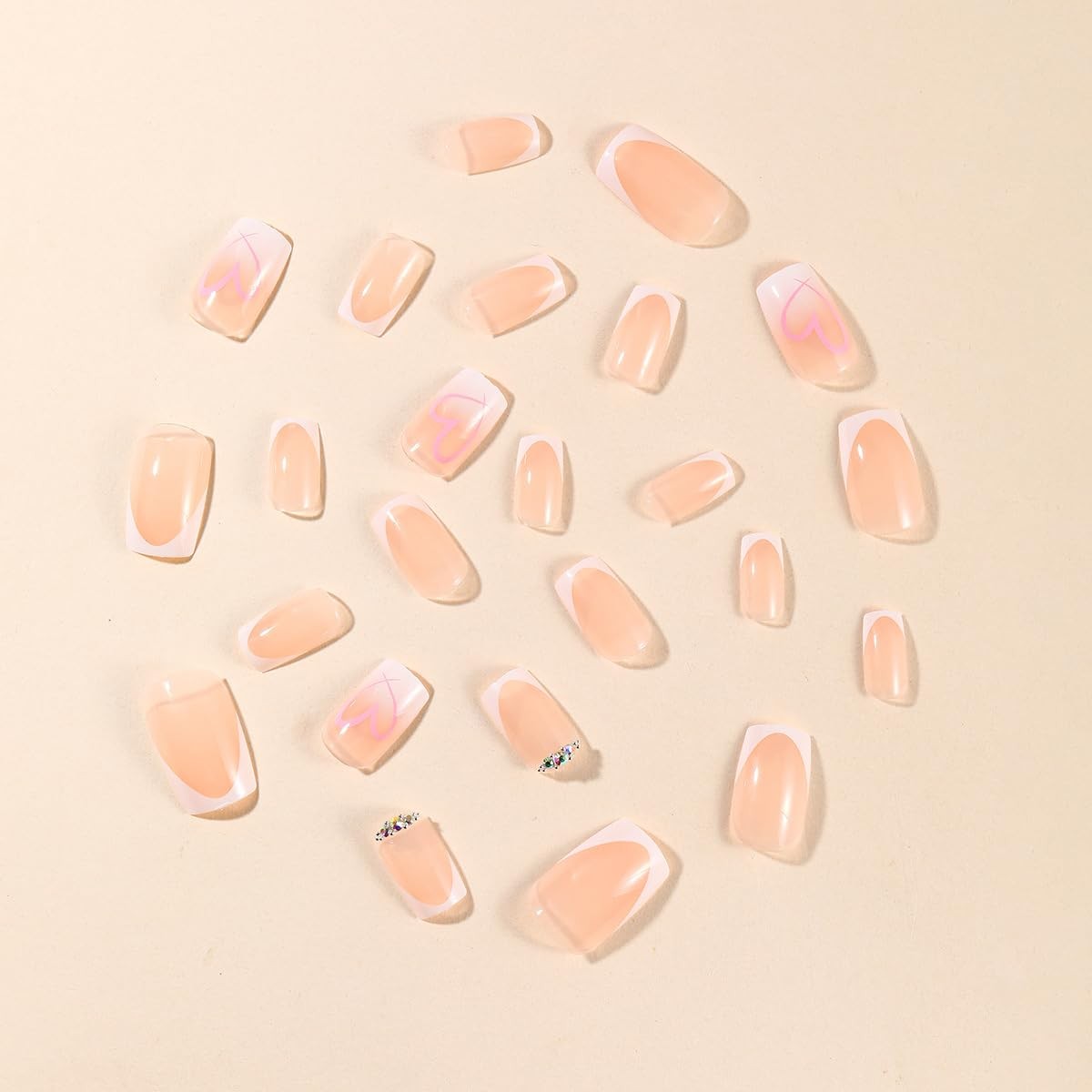 24Pcs White French Tip Press On Nails – Medium Square Nude Pink With Rhinesto…