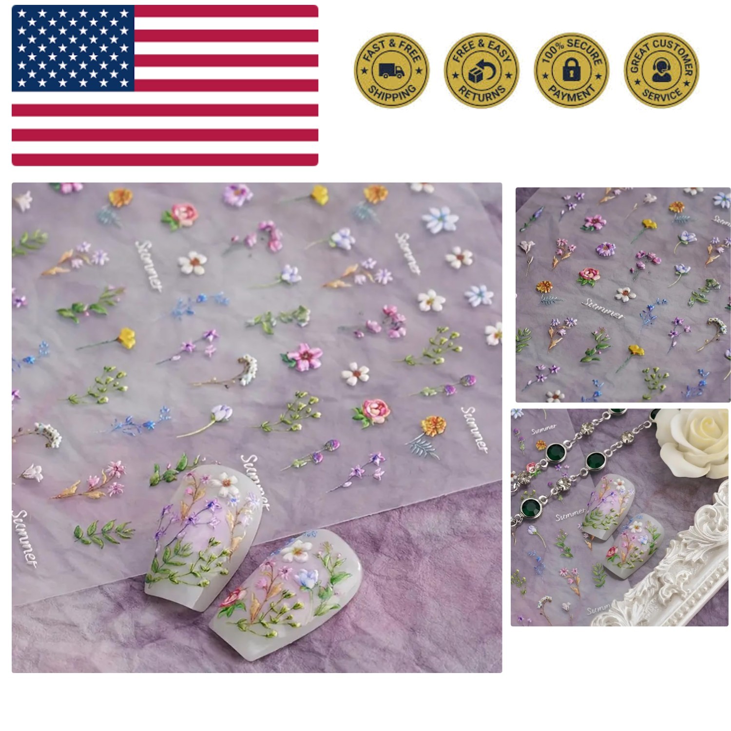 Flower Nail Stickers for Nail Art – Flowers Nail Art Stickers Summer Floral L…
