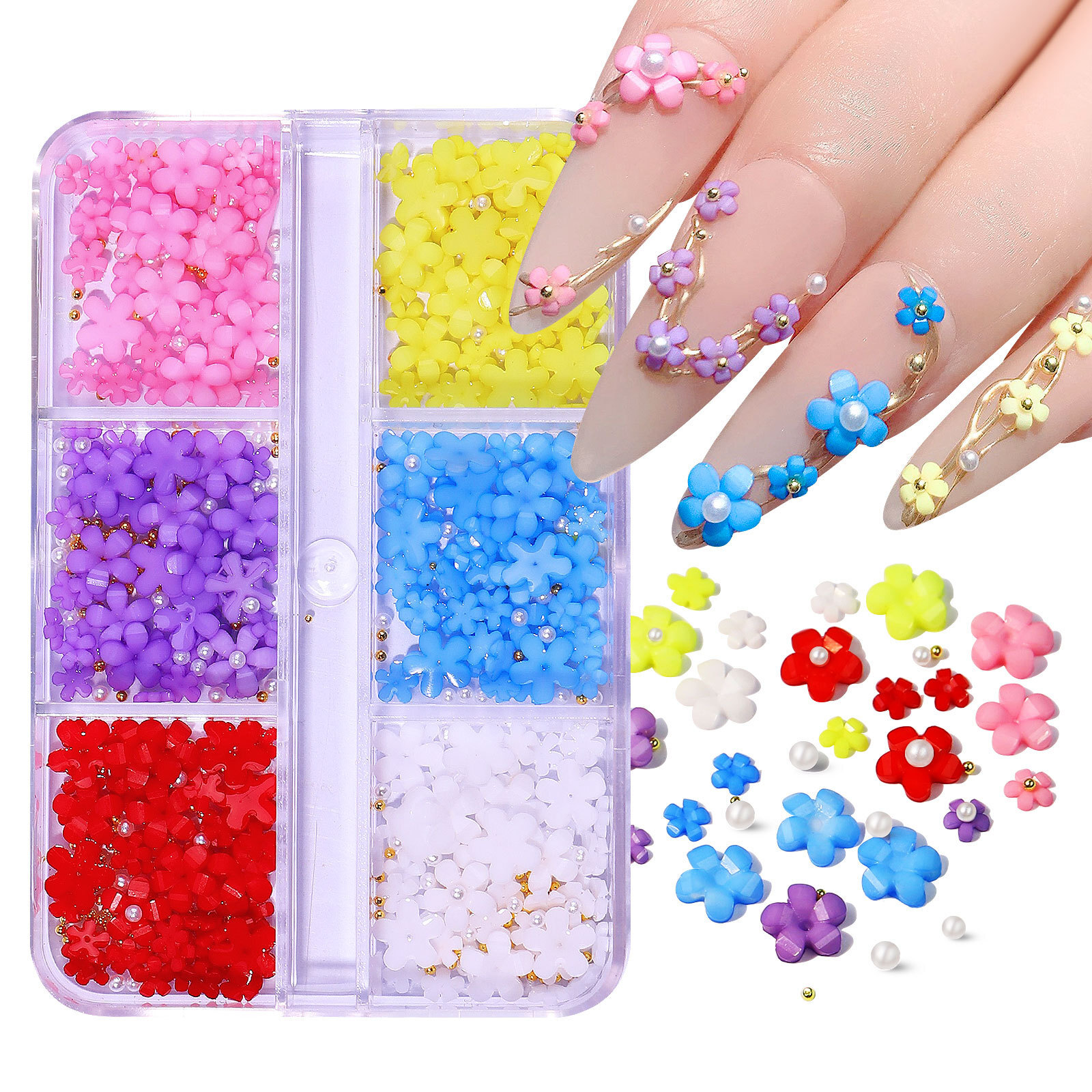 Mixed 3D Pearl Flowers Nail Decoration DIY Metal Beads Acrylic Nails Art Gem