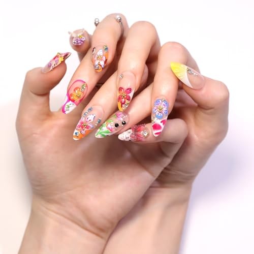 24Pcs Flower Press on Nails Medium Almond Fake Nails with 3D Colorful Spring