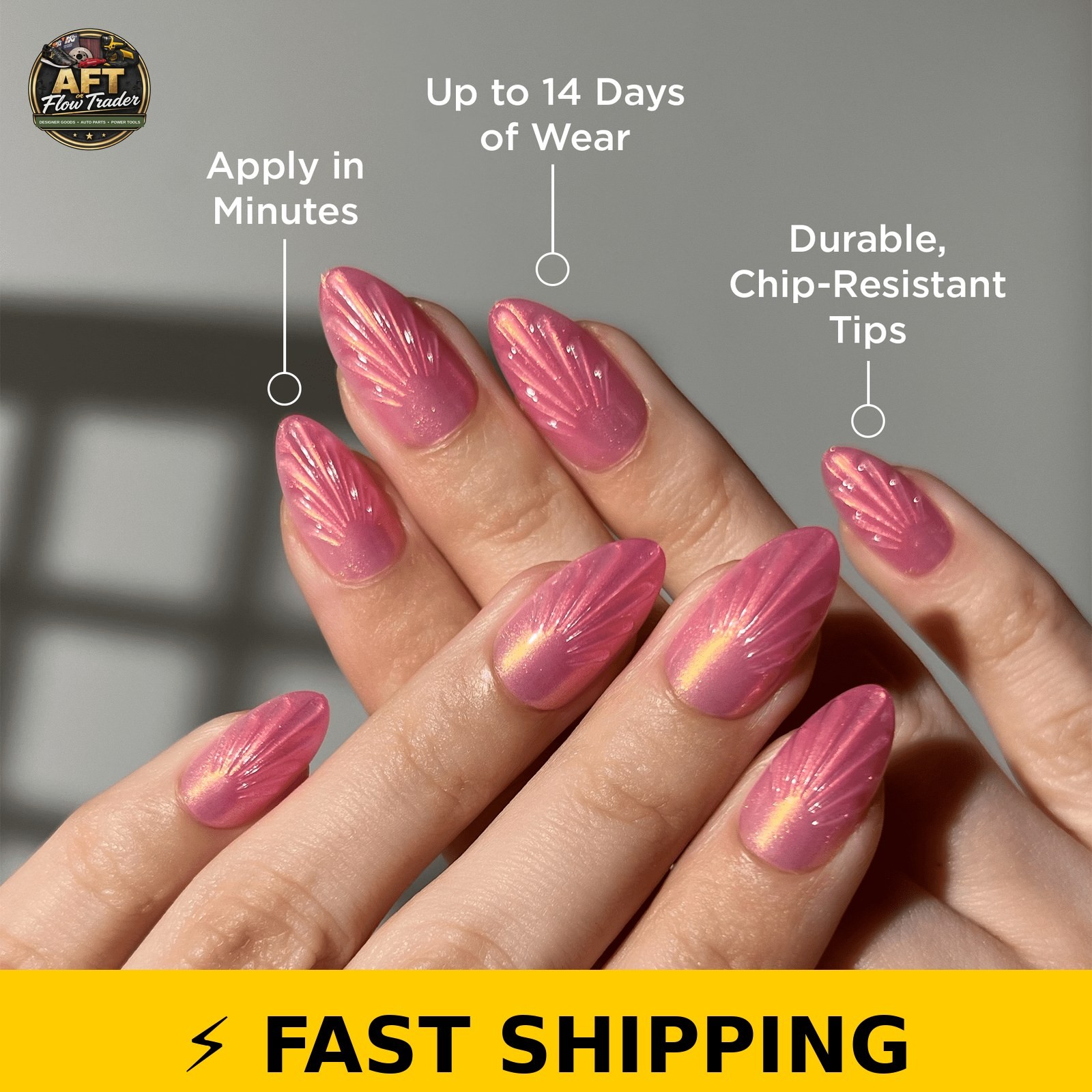 PaintLab Short Almond Press On Nails 3D Mermaid Shell Pink 30 Count