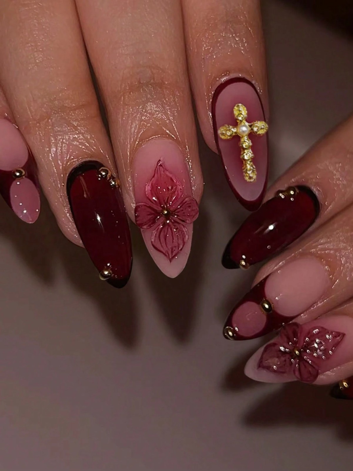 Burgundy 3D Flower Press On Nails, Almond Fake Nails with Charms