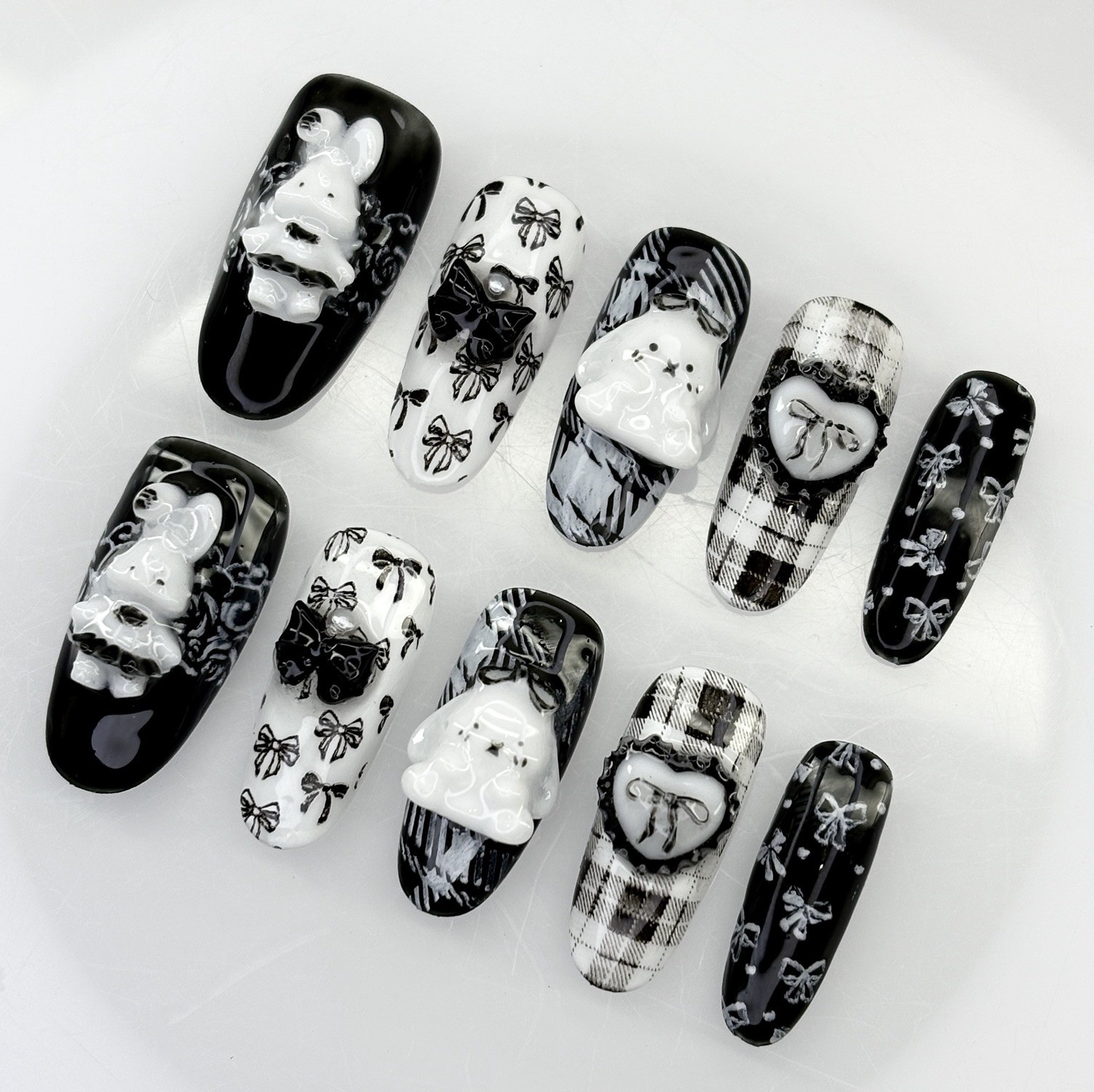 Goth Grunge Black Press On Nails Handmade 3D White Bunny Houndstooth Nail Art