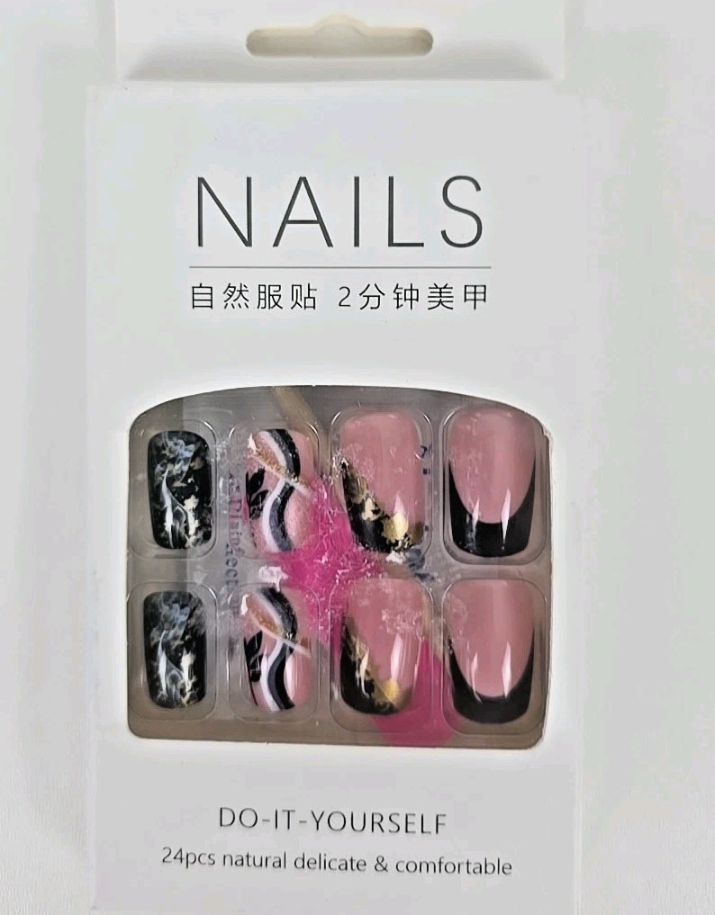24pcs Short Square Black French Tip Press On Nails Kit with Gold Foil & Marble